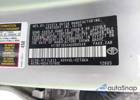 2010 Toyota Camry Xle from USA, damaged, VIN 4T1BF3EK4AU060548